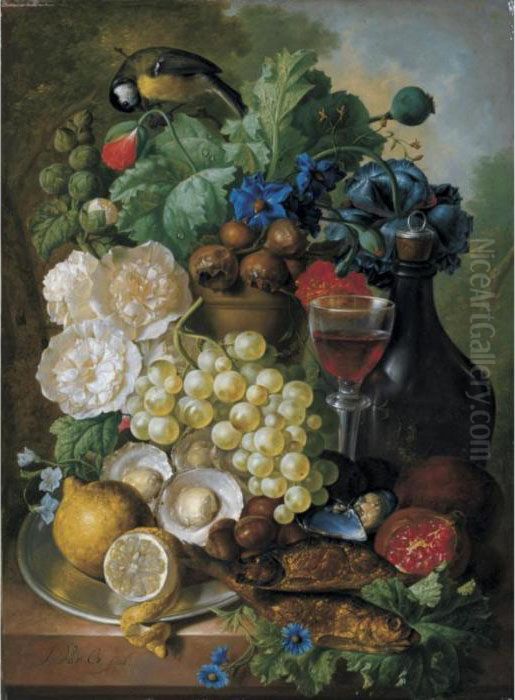 Still Life With Fruit And 
Flowers, Together With Oysters, Mussels, A Glass Of Wine And A Decanter Oil Painting by Jan van Os