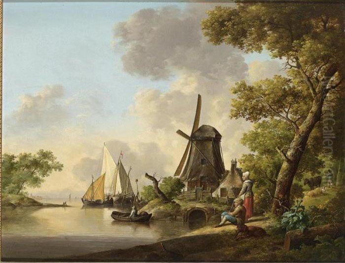 A Winter Landscape With Houses 
Along A Frozen River And A Gatherer Of Dry Sticks On A Wooden Bridge In 
The Foreground; A Summer Landscape With A Mill Near Water, Moored 
Sailing Boats And A Rowing Boat Along The Shore, And A Peasant Couple In
 The F Oil Painting by Jan van Os