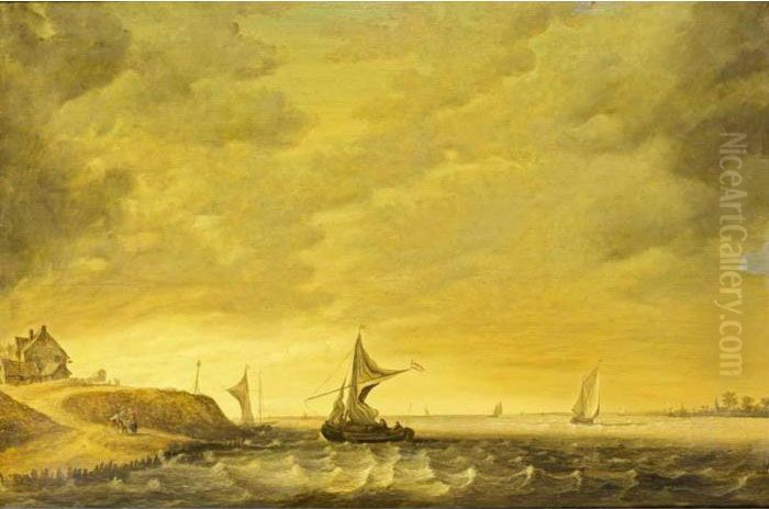 A River Landscape With Sailing 
Boats In Choppy Waters And Figures Conversing On The Shore Oil Painting by Jan van Os
