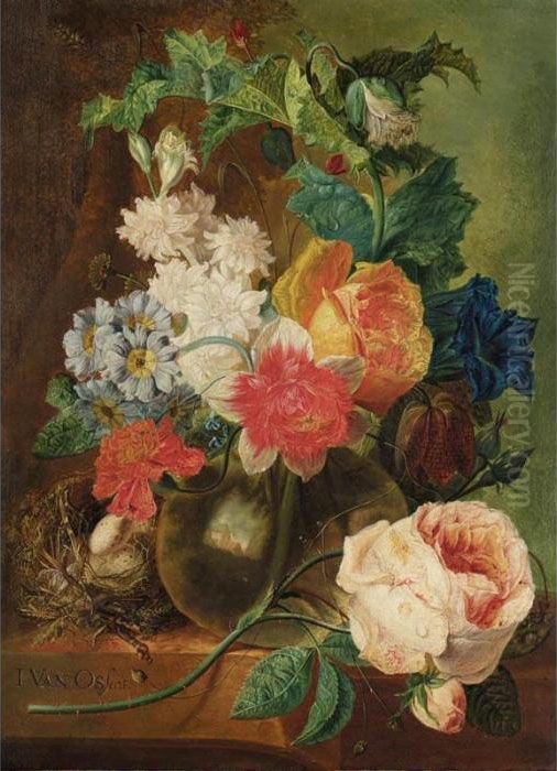 A Still Life With Roses And 
Other Flowers In A Glass Vase, Together With A Bird's Nest All Resting 
On A Stone Ledge Oil Painting by Jan van Os