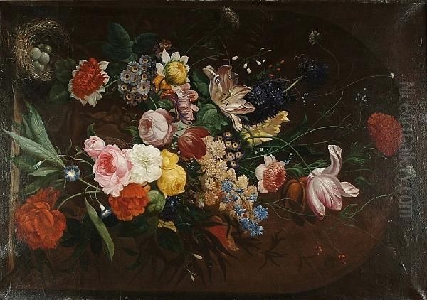 Roses, Carnations, Tulips 
Narcissi And Other Flowers In A Sculpted Urn On A Ledge With A Bird's 
Nest Oil Painting by Jan van Os