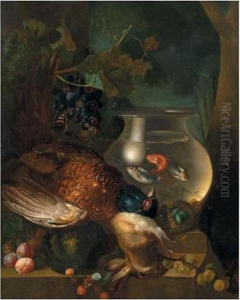 A Still Life Of A Pheasant, A 
Rabbit, A Goldfish Bowl, A Bird's Nest, A Melon, Plums, Gooseberries And
 Raspberries, All Arranged Upon A Stone Ledge Oil Painting by Jan van Os