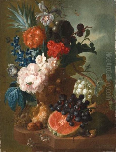A Peony, An Iris, A Pineapple, 
Blackberries, Narcissi And Otherflowers In A Terracotta Vase, With A 
Bird's Nest, A Mouse, A Melon,grapes And Walnuts On A Ledge Oil Painting by Jan van Os