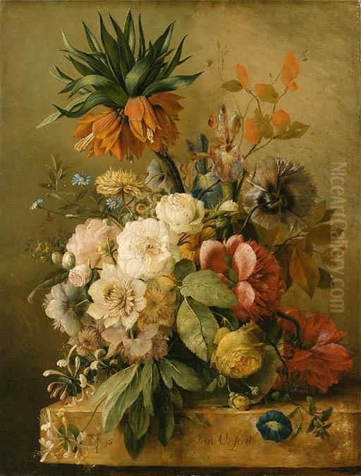 An Imperial Lily, Peonies, 
Roses, Irises, Honeysuckle, Morningglory And Poppies In A Glass Vase On A
 Stone Ledge Oil Painting by Jan van Os