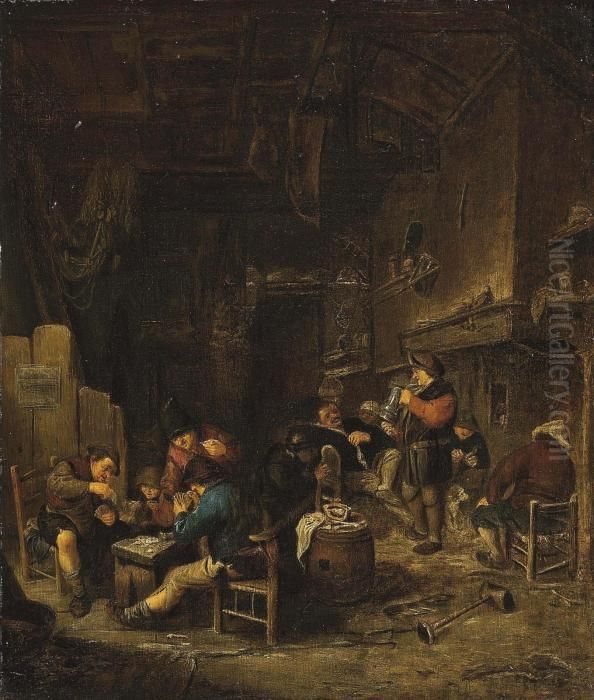Peasants Carousing And Playing Cards In A Tavern Oil Painting by Adriaen Jansz. Van Ostade