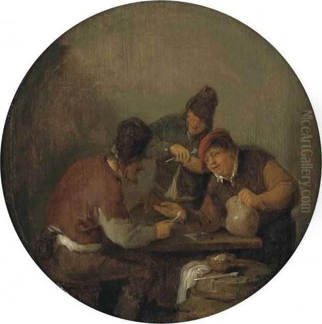Peasants Drinking And Merrymaking In An Interior Oil Painting by Adriaen Jansz. Van Ostade
