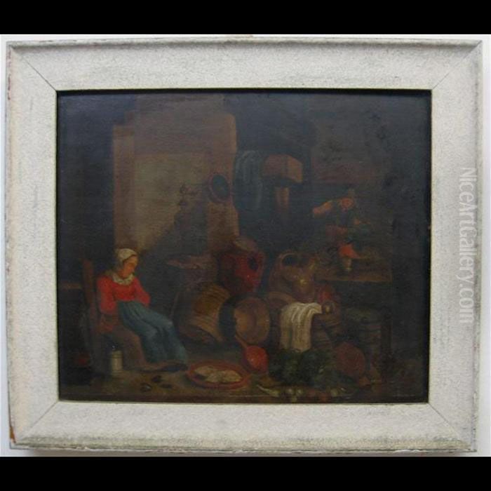 Dutch Woman Napping In A Kitchen Interior While Others Converse Oil Painting by Adriaen Jansz. Van Ostade