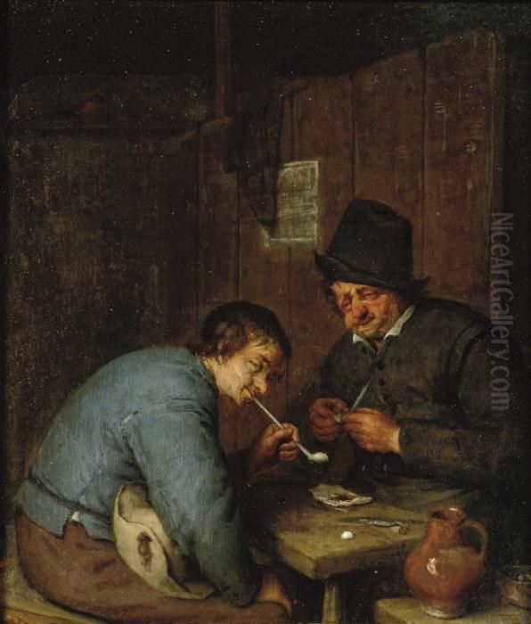 Two Peasants Smoking In An Interior Oil Painting by Adriaen Jansz. Van Ostade
