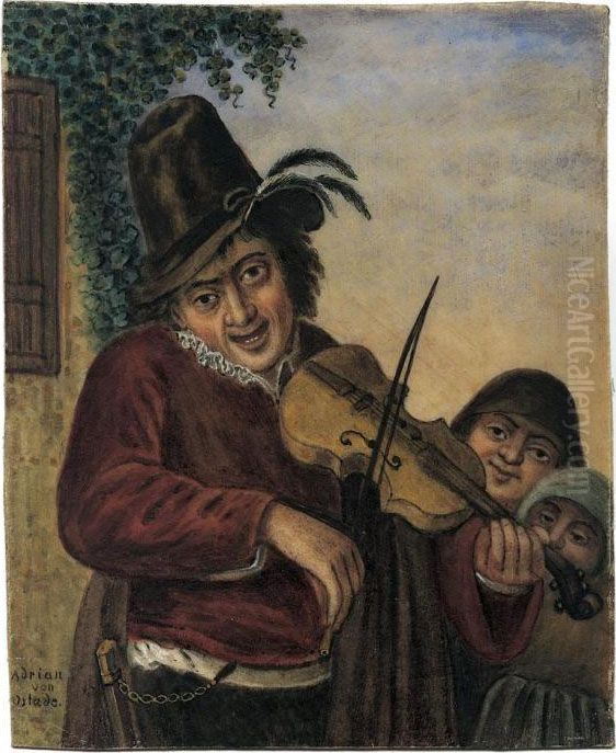 Geiger, Zwei Kindern Eine Melodie Spielend Oil Painting by Adriaen Jansz. Van Ostade