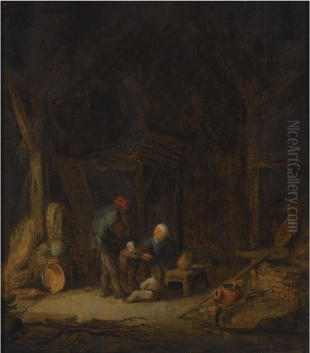 A Barn Interior With A Peasant 
Couple And Two Small Children, Astill Life Of Kitchenware And Cabbages 
To The Left, A Large Basketand An Earthenware Jug To The Right Oil Painting by Adriaen Jansz. Van Ostade
