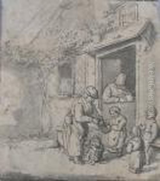 Peasant Family At A Cottage Door Bears Monogram,
Pen And Black Ink With Grey Wash Oil Painting by Adriaen Jansz. Van Ostade