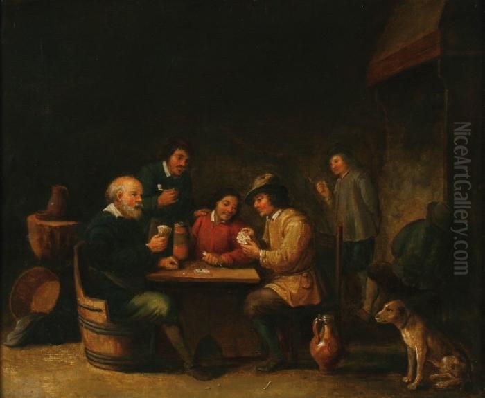 A Company Playingcards In A 17th Century Tavern Oil Painting by Adriaen Jansz. Van Ostade