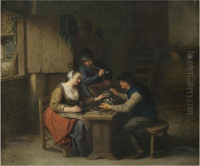 A Tavern Interior With Two Boors
 Seated At A Table Drinking, Athird Standing Behind Smoking A Pipe Oil Painting by Adriaen Jansz. Van Ostade
