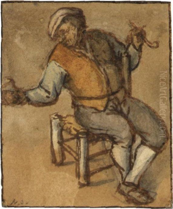 A Peasant Seated On A Stool, Smoking A Pipe Oil Painting by Adriaen Jansz. Van Ostade