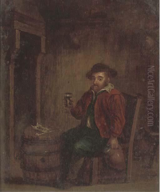 A Boor Drinking In An Interior Oil Painting by Adriaen Jansz. Van Ostade