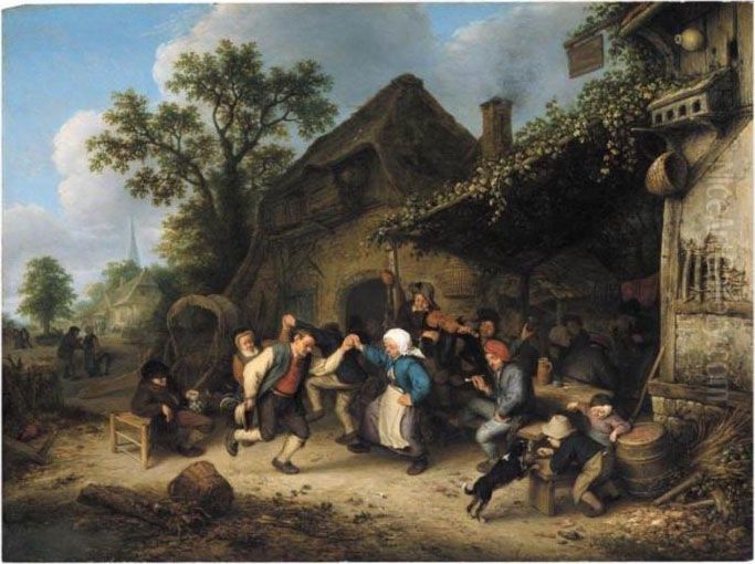 Peasants Carousing And Dancing Outside An Inn Oil Painting by Adriaen Jansz. Van Ostade