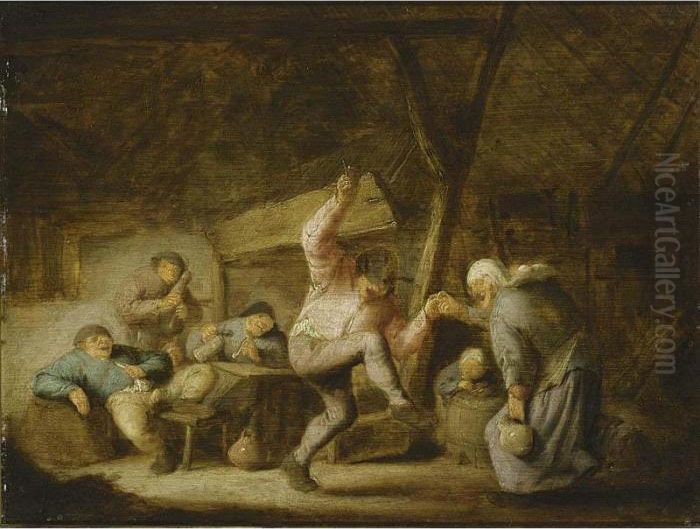 Peasants In An Inn With A Couple
 Dancing To The Music Of A Bagpipe Player And Others Drinking And 
Smoking At A Table Oil Painting by Adriaen Jansz. Van Ostade