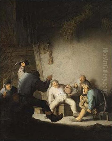 Peasants Drinking And Making Music In A Barn Interior Oil Painting by Adriaen Jansz. Van Ostade