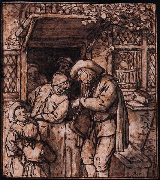 A Hurdy-gurdy Player At The Door Of A House, Men And Childrenlistening On Oil Painting by Adriaen Jansz. Van Ostade