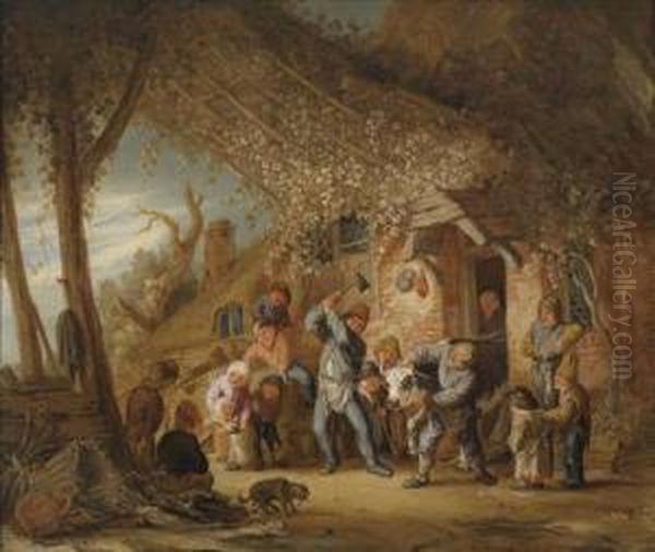 An Ox Being Slaughtered For The Harvest Festival Oil Painting by Isaack Jansz. van Ostade