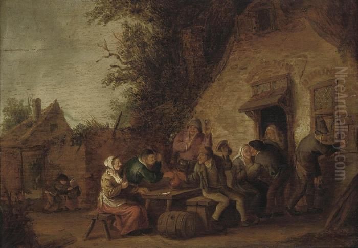 Peasants Carousing Outside A Tavern Oil Painting by Isaack Jansz. van Ostade