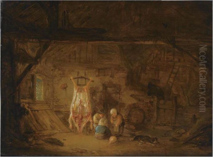 A Barn Interior With Three 
Children Playing With A Pig's Bladder,next To A Slaughtered Pig Oil Painting by Isaack Jansz. van Ostade