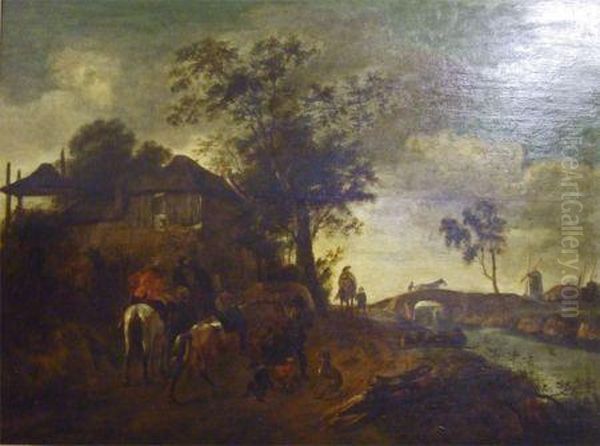 Figures, Horses And Dogs In A 
Lane Before A Cottage; Bridge Over River And Windmill Beyond, 18 Oil Painting by Isaack Jansz. van Ostade