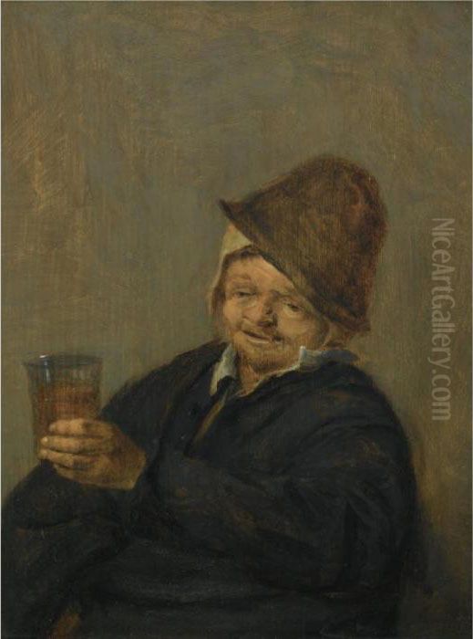 A Study Of An Elderly Peasant, Seated, Holding A Beer Glass Oil Painting by Isaack Jansz. van Ostade