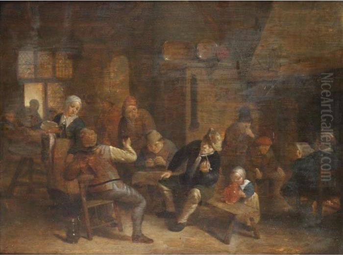 A Tavern Interior With Boors Smoking And Drinking Oil Painting by Isaack Jansz. van Ostade