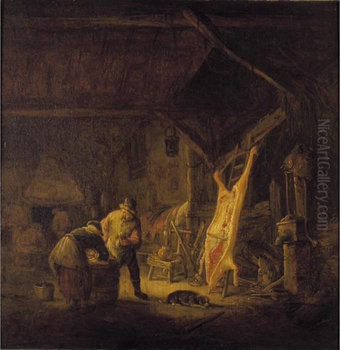 A Barn Interior With Peasants 
Standing Before A Hog Carcass, Other Figures Warming Themselves By A 
Fire Beyond Oil Painting by Isaack Jansz. van Ostade