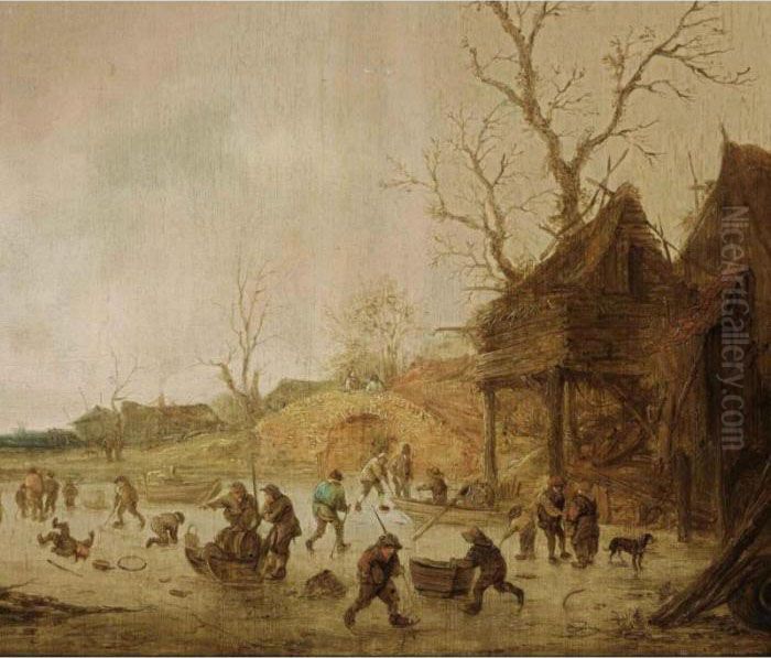 A Winter Landscape With Skaters,
 Children Playing Kolf And Figures With Sledges On The Ice Near A Bridge Oil Painting by Isaack Jansz. van Ostade