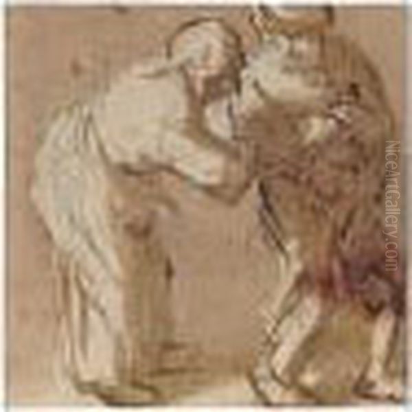 Pen And Brown Ink And Wash Over 
Black Chalk. On The Verso, A Fragmentary Sketch Of A Leg In Pen And 
Brown Ink Over Red Chalk. Oil Painting by Isaack Jansz. van Ostade