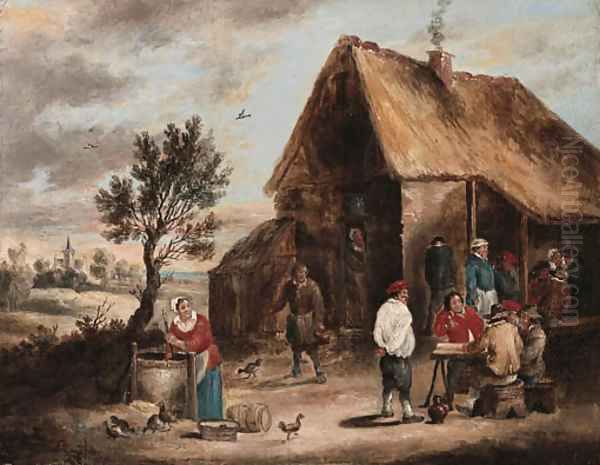 Peasants smoking and a Woman drawing Water from a Well outside a Tavern Oil Painting by David The Younger Teniers