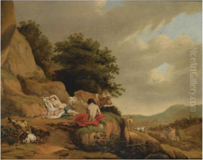 An Arcadian Landscape With A 
Shepherd Guarding A Sleeping Nymph Andputto, Together With His Goats And
 Cow Oil Painting by Cornelis Van Poelenburch