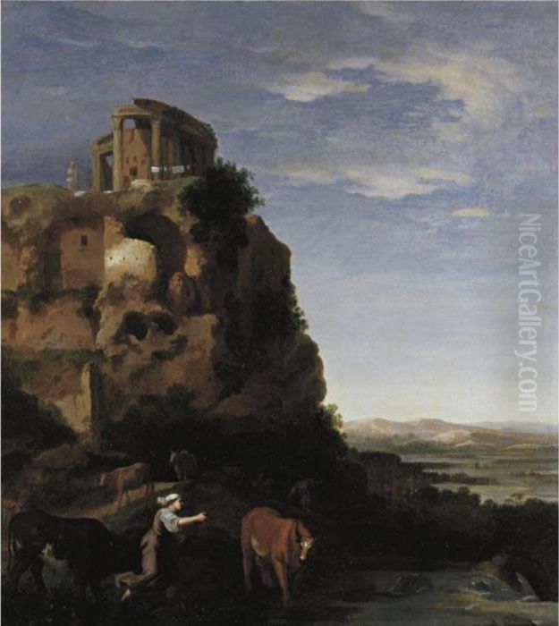 An Extensive Landscape With 
Herdsmen And Cattle Near Ruins, The Temple Of The Sybil On A Rock Beyond Oil Painting by Cornelis Van Poelenburch