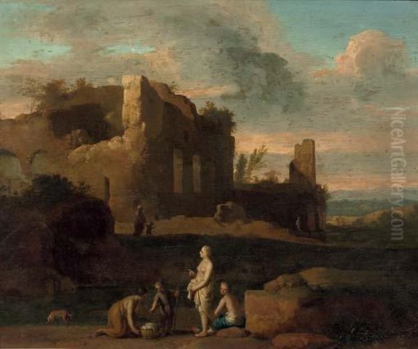 An Italianate Landscape With A 
Washerwoman And Other Figures Conversing By A Stream, Ruins Beyond Oil Painting by Cornelis Van Poelenburch