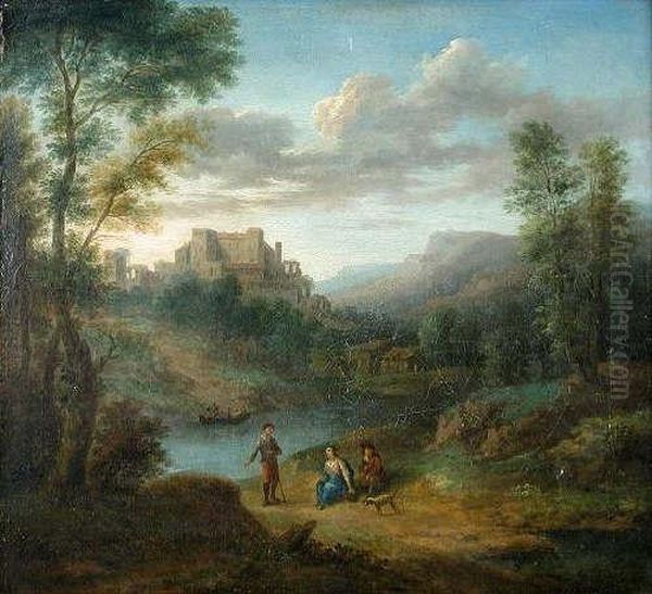 Italianate Landscape With Travellers And A Hound On A Track Oil Painting by Cornelis Van Poelenburch