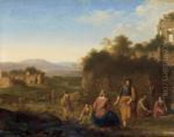  Paysage De La Campagne Romaine
 Avec Abraham Et Isaac > - < Paysage Avec Ruines Animees De Personnages  Oil Painting by Cornelis Van Poelenburch