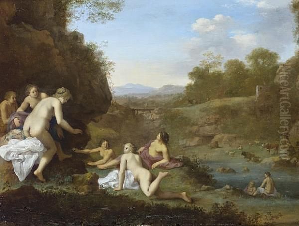 An Italianate Landscape With 
Nymphs Bathing At A River, A Hermit Contemplating A Crucifix In The 
Distance Oil Painting by Cornelis Van Poelenburch