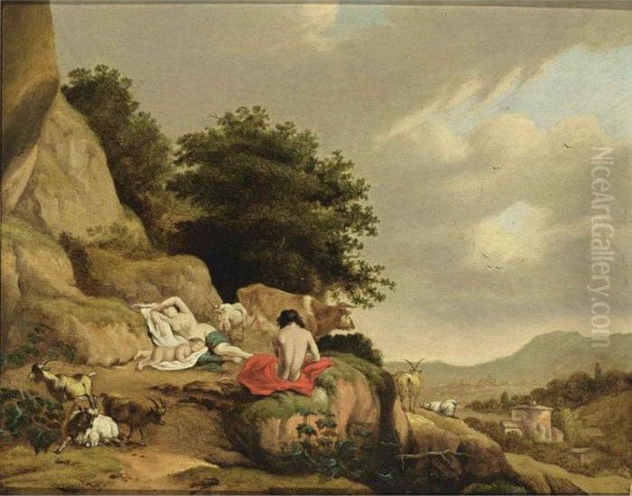 An Arcadian Landscape With A 
Nymph And A Shepherd Resting, Together With Goats And A Cow, A Village 
In The Distance Oil Painting by Cornelis Van Poelenburch