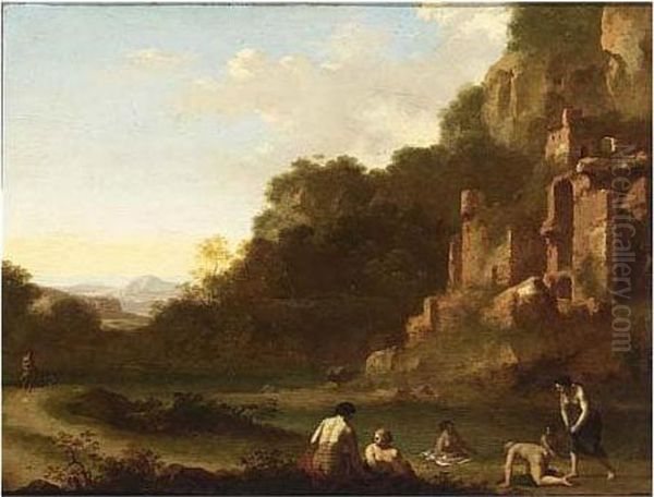 Nymphs Bathing In A Landscape With Ruins Oil Painting by Cornelis Van Poelenburch