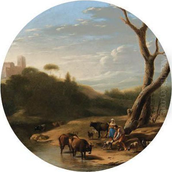 An Italianate Wooded Landscape 
With A Herdsman And A Shepherdess,cattle And Goats Watering At A Stream Oil Painting by Cornelis Van Poelenburch