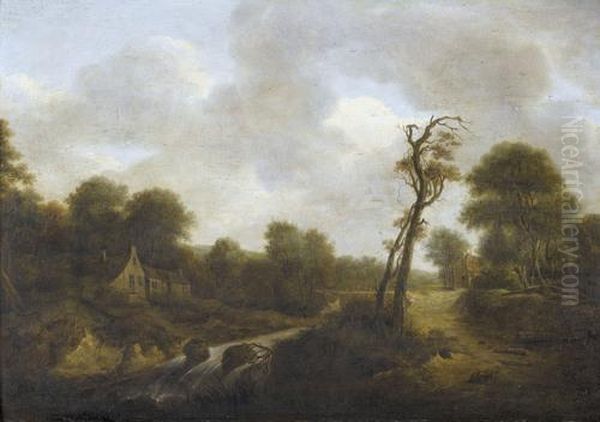 Bewaldete Flusslandschaft Mit Bauernhausern Oil Painting by Jacob Van Ruisdael