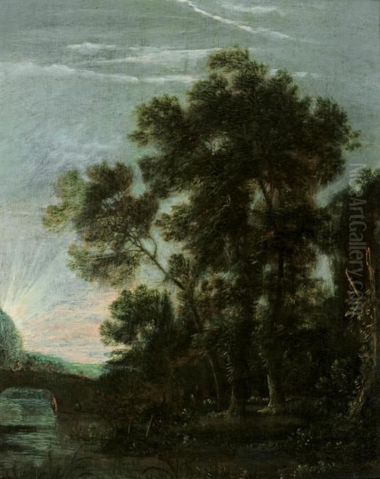 Fluslandschaft Mit Hohen Baumen Bei Einer Brucke Oil Painting by Jacob Van Ruisdael