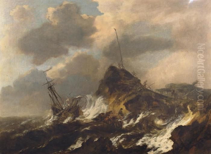 A Ship In A Storm Off A Rocky Coast Oil Painting by Jacob Van Ruisdael