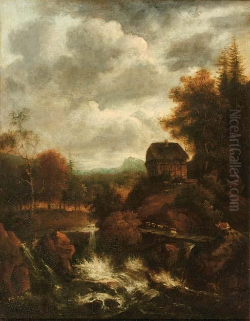 A Wooded River Landscape With A 
Waterfall And A Shepherd With His Flock Crossing A Bridge Oil Painting by Jacob Van Ruisdael