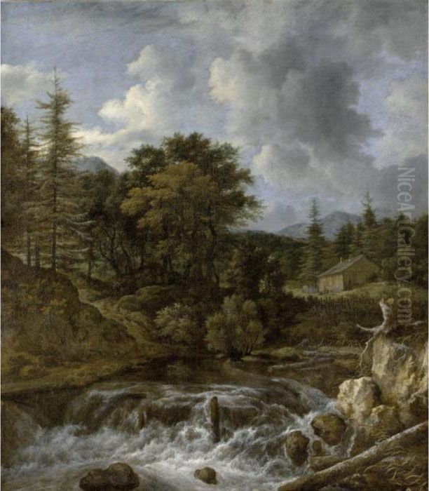 Scandinavian Landscape With A 
Wood Beside A Torrent And A Waterfall A Cottage 
Beyond Oil Painting by Jacob Van Ruisdael