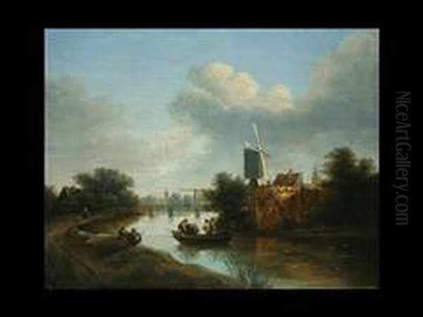 Landschaftliche Wiedergabe Im 
Spatlicht Auf Dem Bogig In Die Tiefeverlaufenden Kanal Ein Fischerboot 
Mit Zwei Fischern Oil Painting by Jacob Van Ruisdael