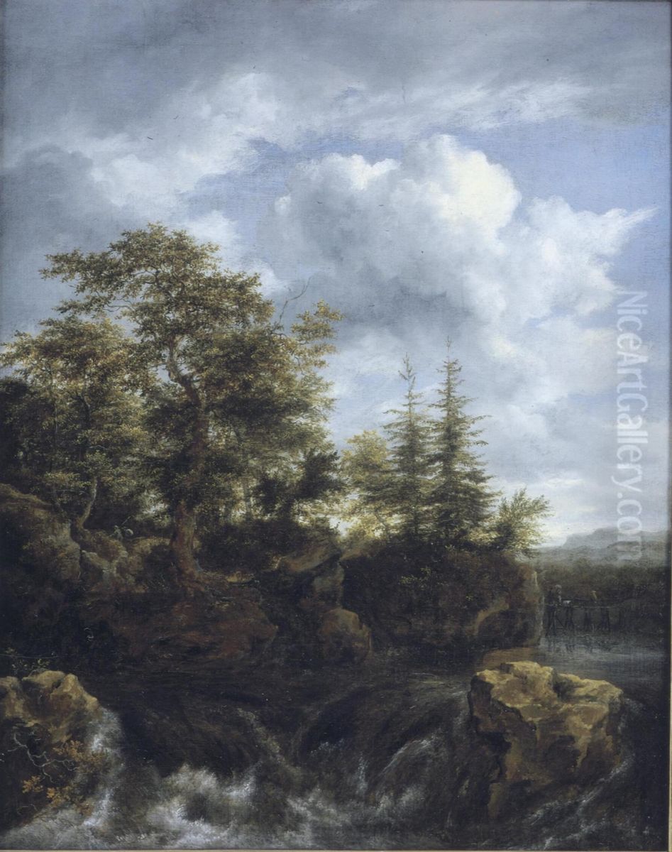 A Wooded River Landscape With A Waterfall And Travellers On A Bridge Oil Painting by Jacob Van Ruisdael