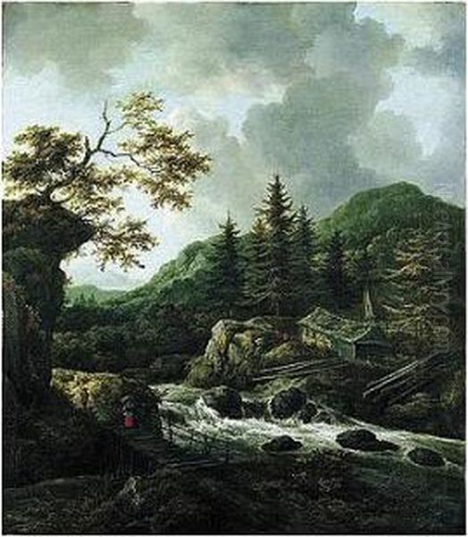A Torrent In A Scandinavian 
Wooded Landscape With A Peasant Crossing A Wooden Bridge And Cottages On
 The Far Bank Of The River Oil Painting by Jacob Van Ruisdael
